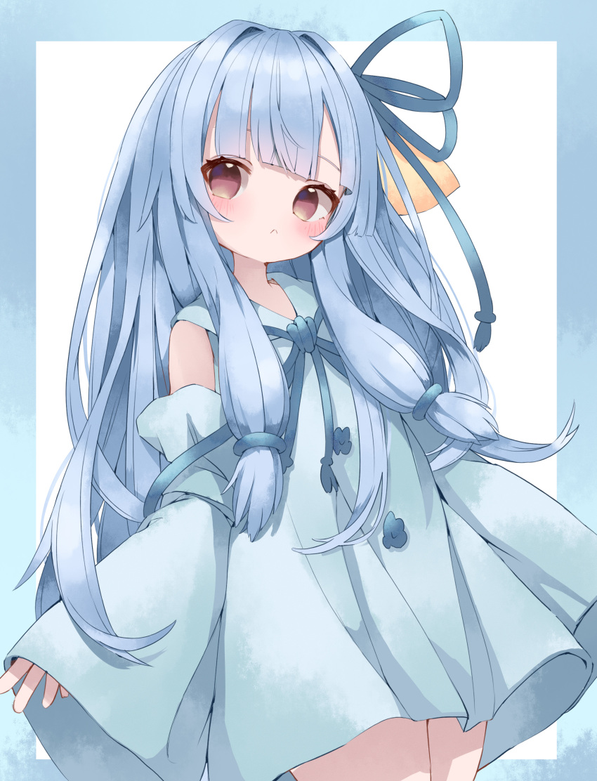 1girl, :<, absurdres, blue_border, blue_dress, blue_hair, blue_ribbon, blue_sleeves