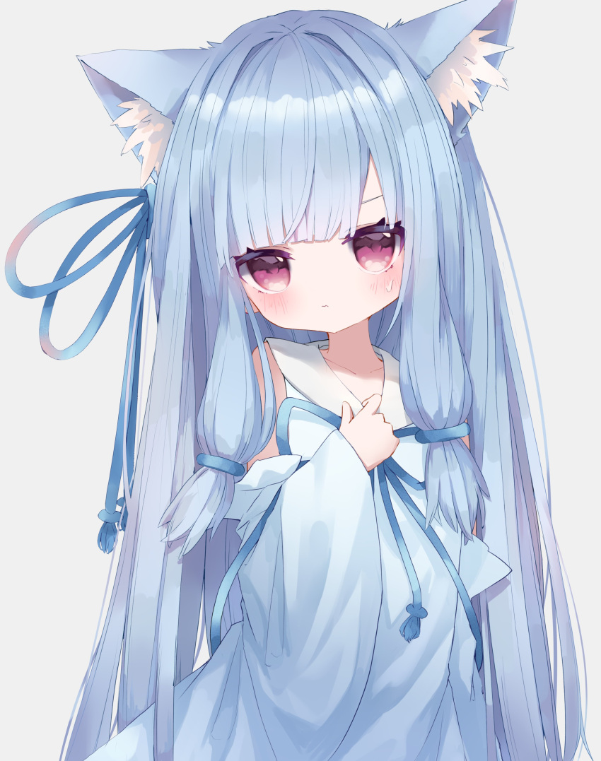 1girl, absurdres, animal_ear_fluff, animal_ears, blue_dress, blue_hair, blue_ribbon, cat_ears