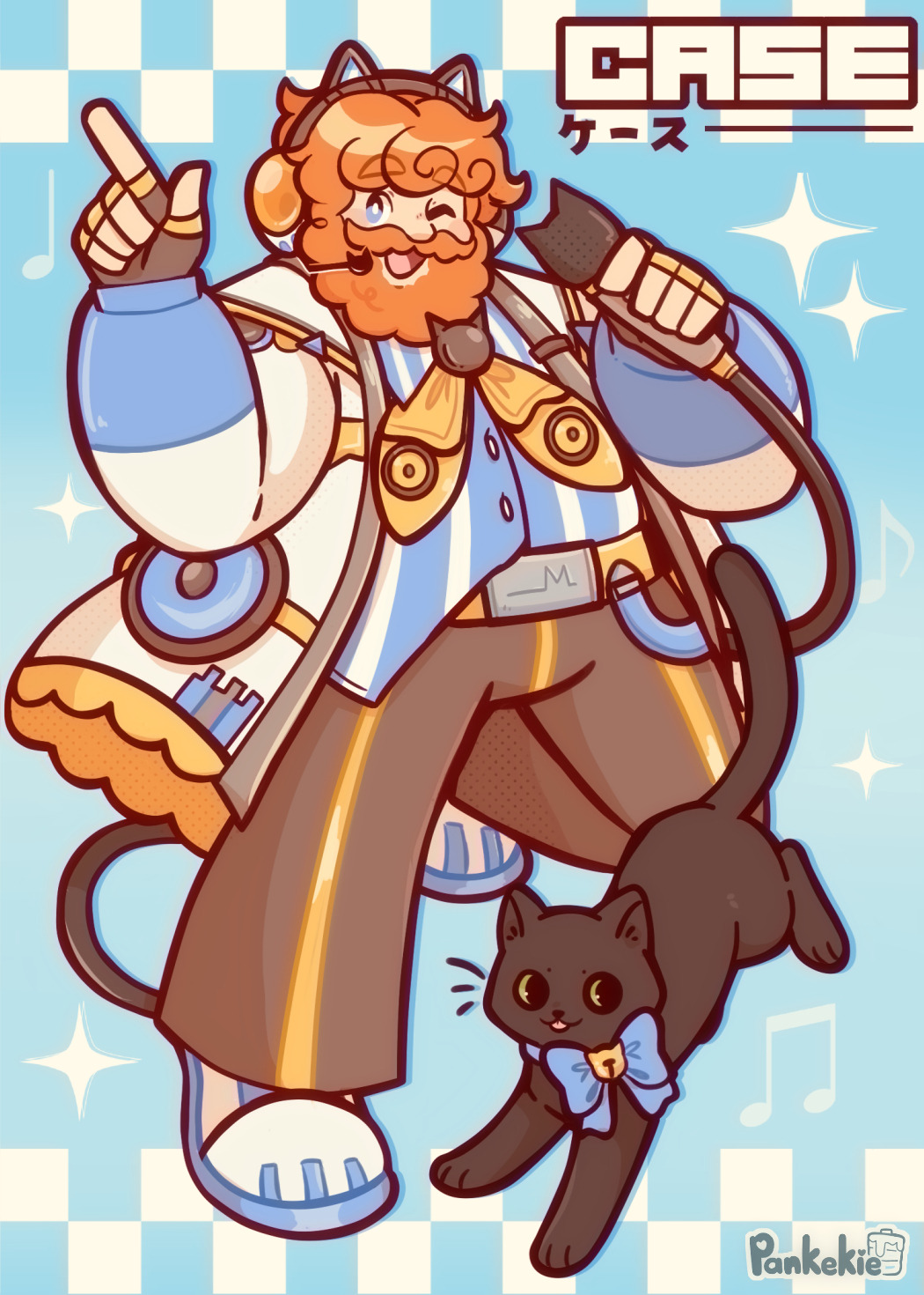 1boy, ;d, animal_ear_headphones, animal_ears, artist_name, beard, bell, belt