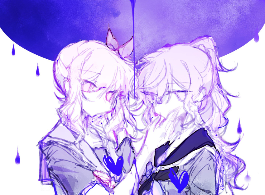 1girl, 1other, akiyama_mizuki, asahina_mafuyu, black_sailor_collar, bow, commentary, drill_hair, drill_ponytail, drill_sidelocks, empty_eyes, expressionless, grey_shirt, hair_bow, hand_on_another's_face, hand_up, heart, high_ponytail, high_side_ponytail, highres, inktiger156721, long_hair, looking_at_viewer, looking_to_the_side, medium_hair, no_mouth, partially_colored, pink_eyes, pink_hair, ponytail, project_sekai, purple_background, purple_hair, purple_theme, sailor_collar, school_uniform, serafuku, shirt, short_sleeves, sidelocks, two-tone_background, untranslatable_commentary, upper_body, violet_eyes, water_drop, wavy_hair, wavy_sidelocks, white_background