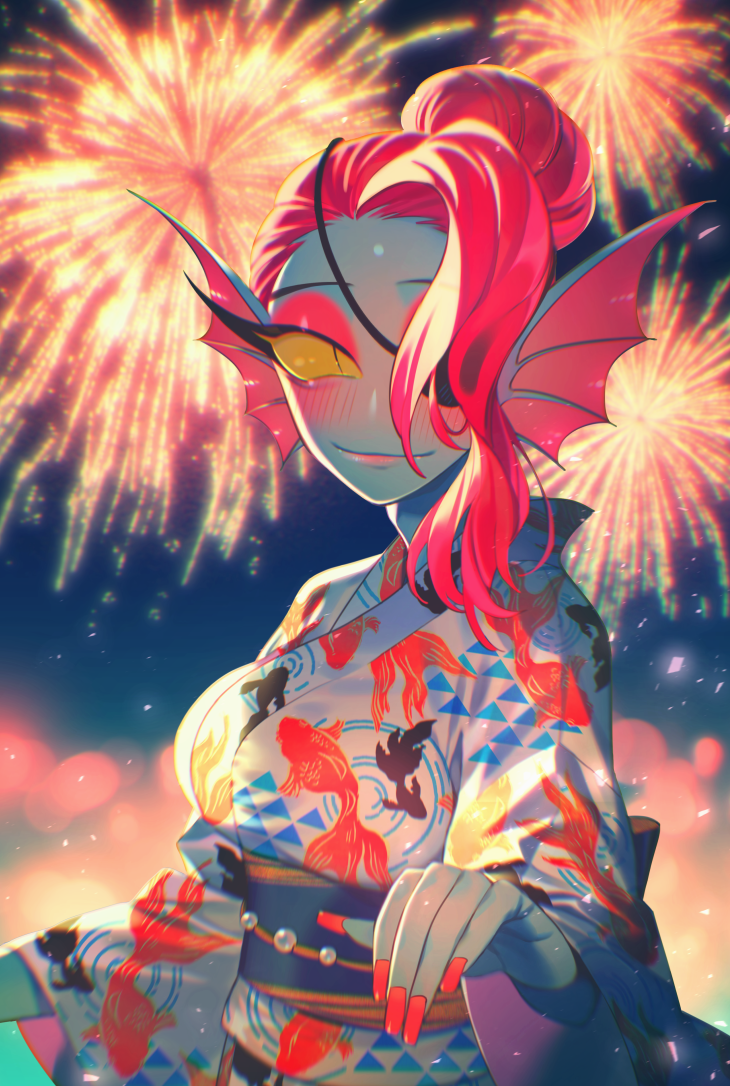 1girl, aerial_fireworks, animal_print, blue_skin, blush, colored_sclera, colored_skin, commentary_request