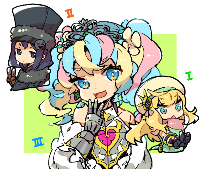 1boy, 2girls, alchemist_(sekaiju), alchemist_5_(sekaiju), aqua_dress, bare_shoulders, black_frost, black_hair