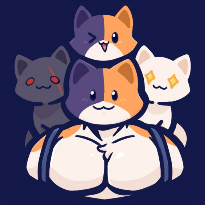 >_o, +_+, 1boy, :3, :d, animal_ears, black_cat, black_eyes, blue_background, calico_(pattern), calico_cat, cat, cat_boy, cat_ears, commentary, cropped_shoulders, english_commentary, fortnite, furry, furry_and_animal, furry_male, kit_(fortnite), male_focus, meowscles, muscular, muscular_male, one_eye_closed, pankekie, pectorals, red_eyes, scar, scar_across_eye, scar_on_face, shadow_kit_(fortnite), simple_background, smile, solo_focus, suspenders, thick_lineart, white_cat