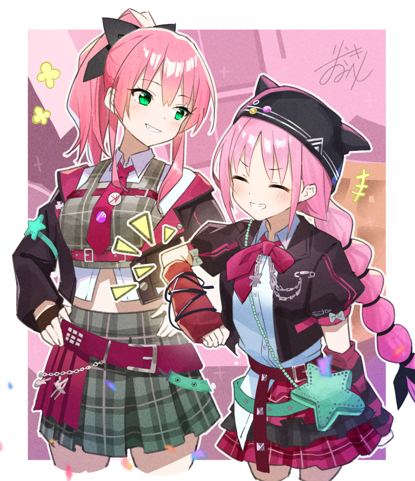 2girls, absurdres, aikawa_megumi, arm_warmers, belt, black_hat, black_jacket, border