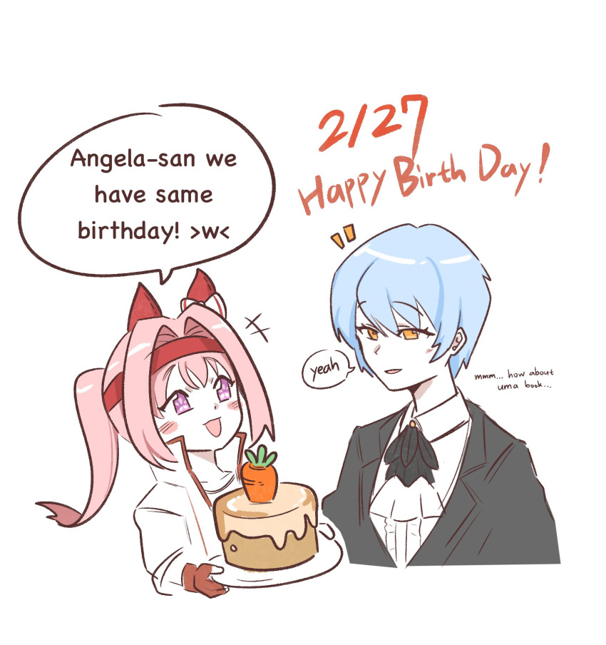 >_<, 2girls, angela_(project_moon), ascot, birthday_connection, blue_hair, cake, carrot