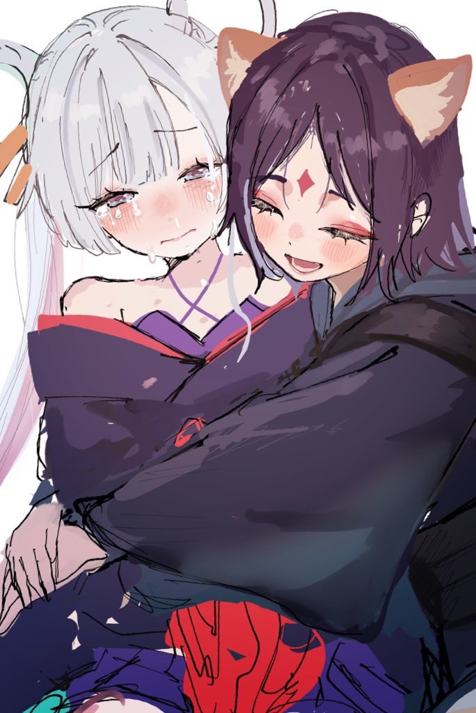 2girls, animal_ears, bare_shoulders, black_hair, blush, chawanman, cho_kaguya-hime!, closed_eyes