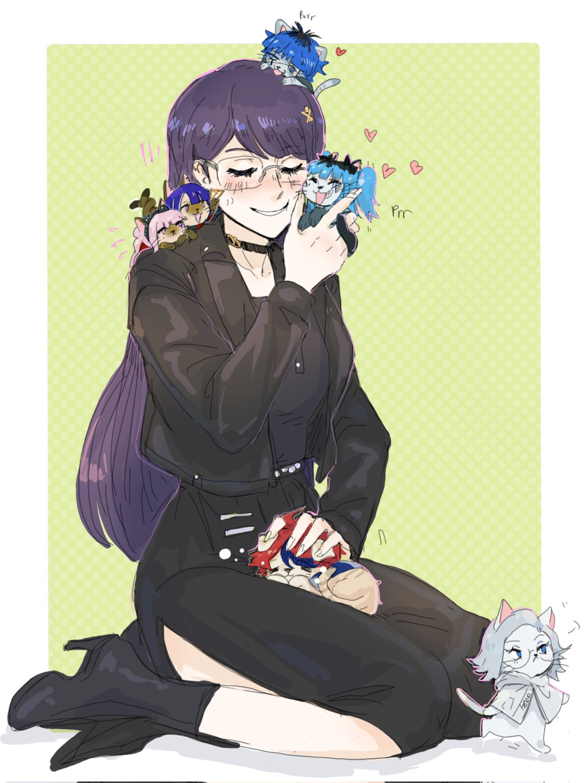 1girl, ahoge, amemiya_darumi, animal, animal_on_head, animal_on_lap, animal_on_shoulder, animal_with_hair, animalization, aotsuki_eito, black_choker, black_dress, black_hair, black_jacket, black_roots, black_shoes, black_streaks, blue_eyes, blue_hair, blush, border, cat, cat_on_head, cat_on_lap, cat_on_shoulder, choker, clothed_animal, commentary, cropped_jacket, dress, eitoholes, english_commentary, eye_print, eyepatch, glasses, green_background, grey_hair, heart, high_heels, highres, holding, holding_animal, holding_cat, intertwined_tails, jacket, licking, long_hair, multicolored_hair, nose_blush, omokage_yugamu, on_head, on_lap, petting, pink_eyes, pink_hair, print_eyepatch, puff_of_air, purple_hair, red_hair, seiza, semi-rimless_eyewear, shizuhara_hiruko, shoes, short_hair, sitting, sleeping, smile, sound_effects, squeans, streaked_hair, sumino_takumi, the_hundred_line_-last_defense_academy-, tsukumo_ima, tsukumo_kako, twintails, two-tone_hair, white_border, white_jacket