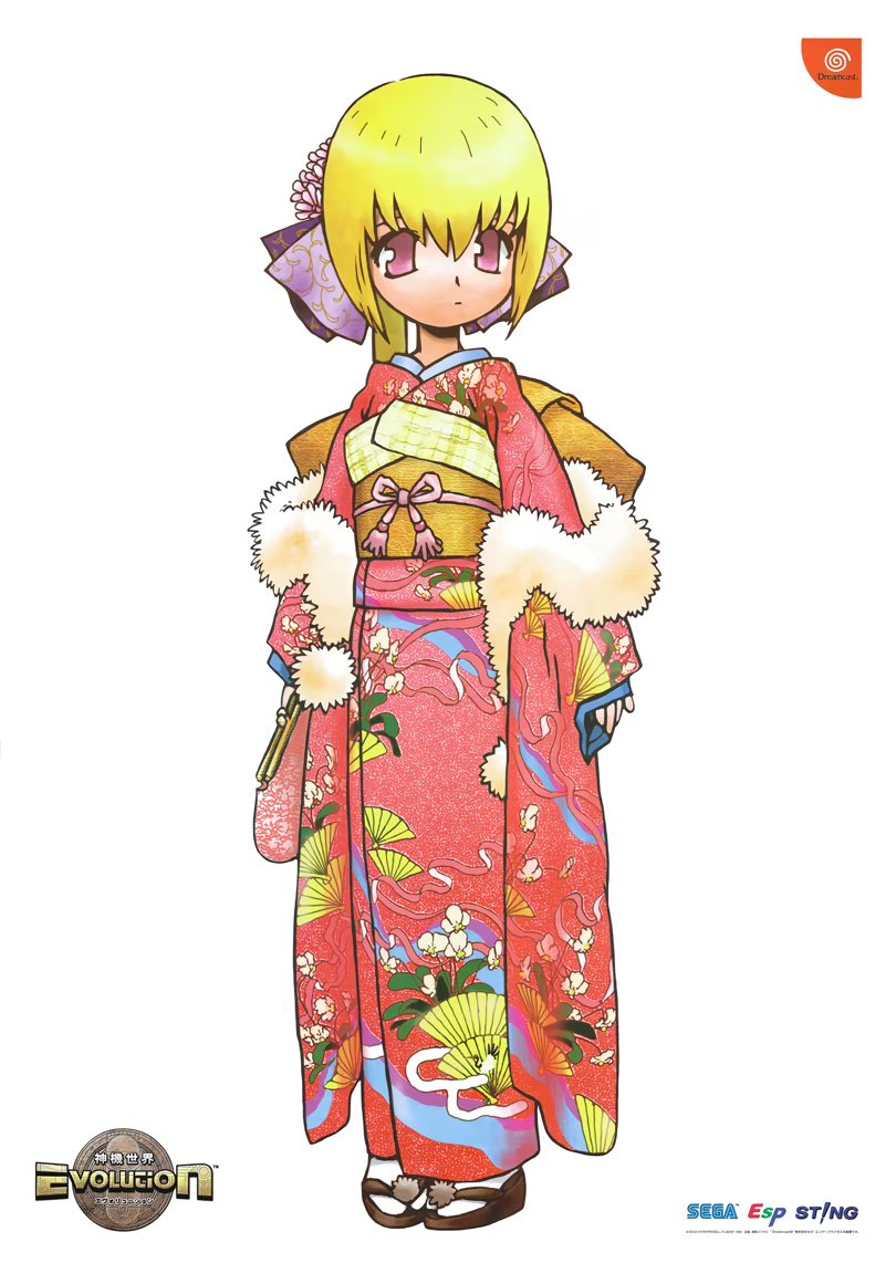 1girl, blonde_hair, copyright_name, expressionless, fan_print, floral_print, flower, full_body