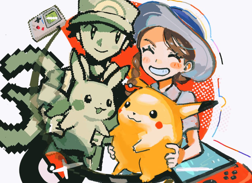 1boy, 1girl, blush_stickers, brown_hair, closed_eyes, commentary, fat_pikachu, faux_retro_artstyle