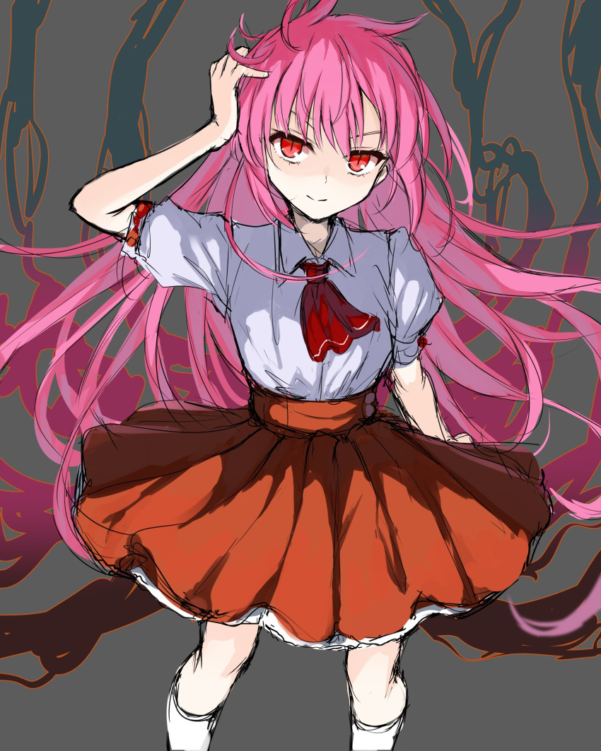 1girl, collared_shirt, commentary_request, hair_between_eyes, hand_on_own_head, highres, kurusu_miki, long_hair