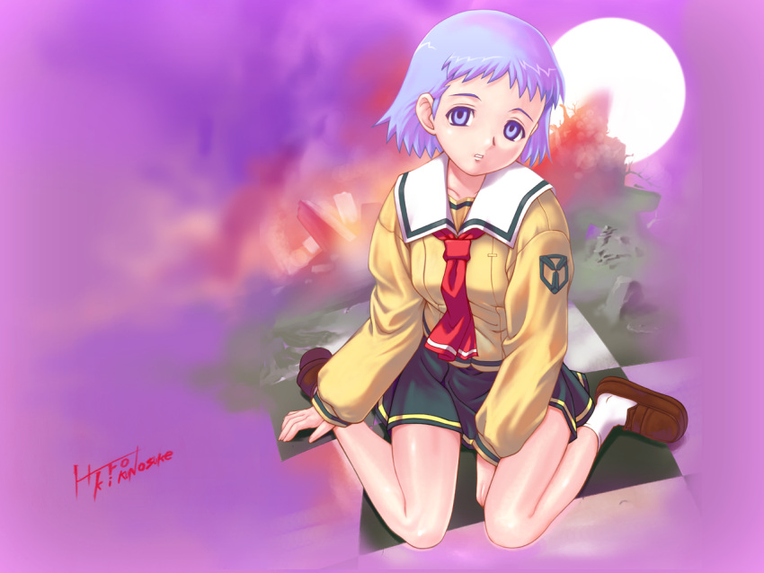 1girl, artist_name, ascot, blue_eyes, blue_hair, brown_shoes, empty_eyes, full_body