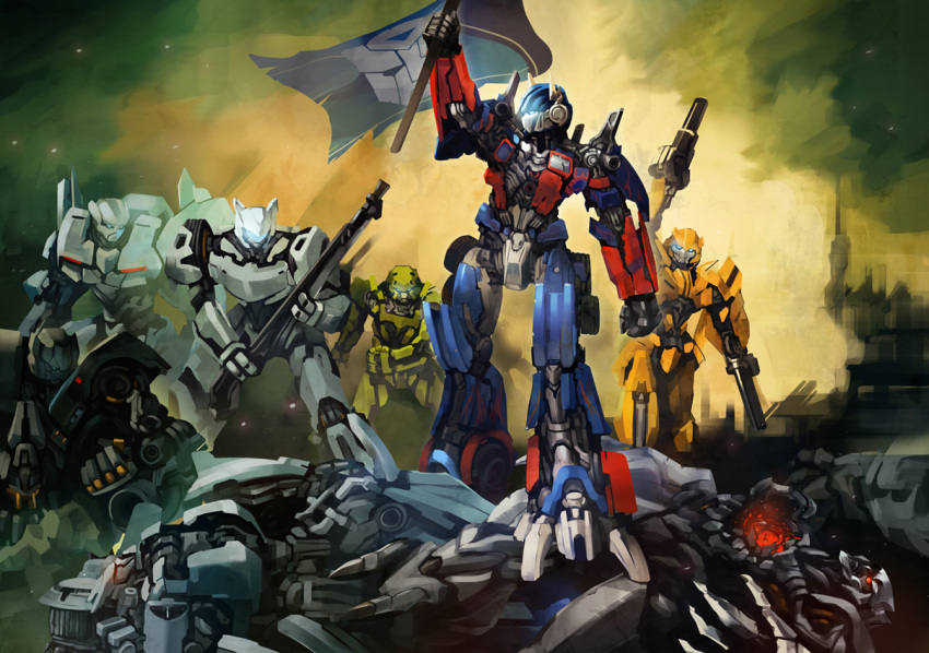 blackout, bumblebee, fine_art_parody, flag, ironhide, jazz, jazz_(autobot), liberty_leading_the_people, mecha, megatron, optimus_prime, parody, pump_(artist), ratchet, sideswipe, soundwave, transformers, weapon
