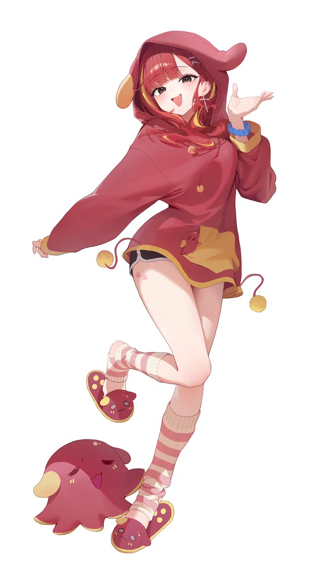1girl, akane_lize, animal_ear_hood, black_shorts, coat, commentary, creature, cross