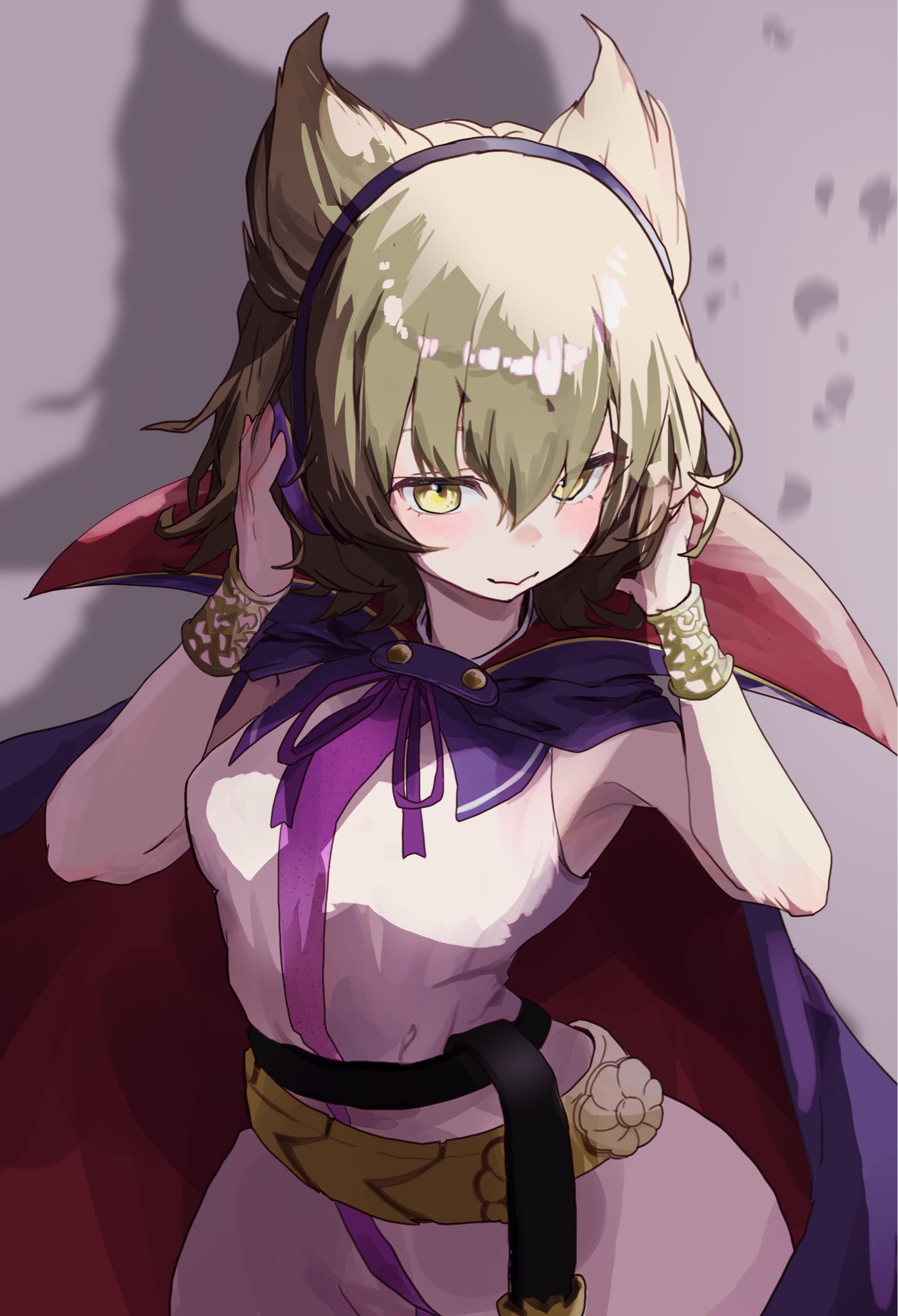 1girl, armpits, bare_shoulders, belt, blonde_hair, cape, commentary, delta_delta