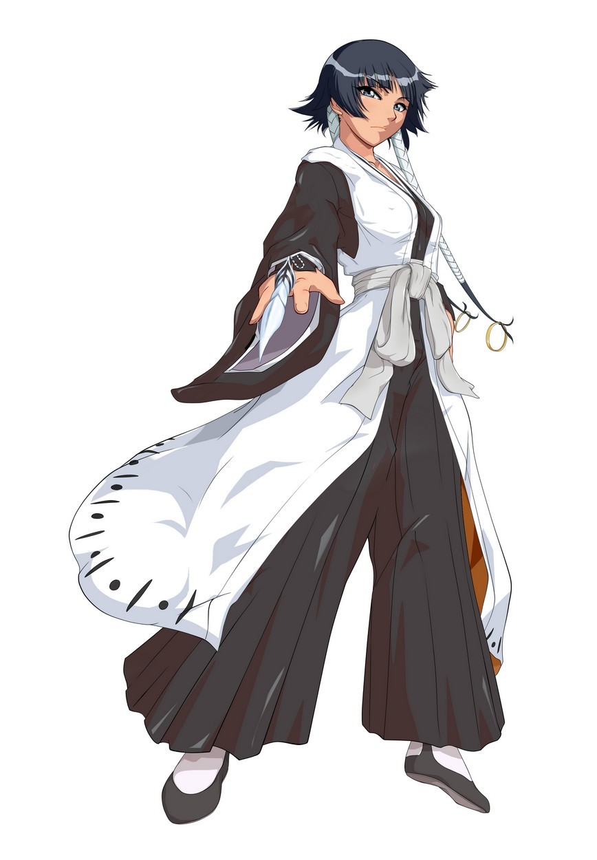 bleach, blue_eyes, braid, dorimushirou, erect_nipples, hakama, haori, highres, japanese_clothes, kimono, shikai, short_hair, sui-feng, taichou_haori, weapon