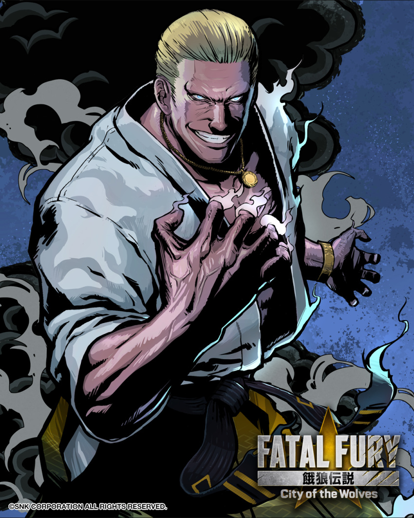 1boy, blonde_hair, blue_eyes, collarbone, dougi, fatal_fury, garou:_mark_of_the_wolves, geese_howard