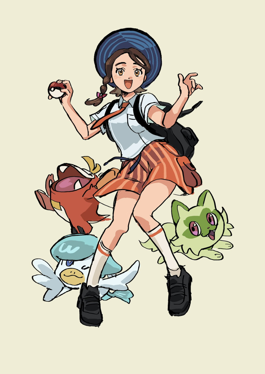 1girl, backpack, bag, bird, cat, crocodile, crocodilian, duck, fuecoco, highres, holding, holding_poke_ball, juliana_(pokemon), naranja_academy_school_uniform, pants, poke_ball, pokemon, pokemon_(creature), pokemon_sv, quaxly, rikoicoico, school_uniform, smile, socks, sprigatito, starter_pokemon_trio, striped_clothes, striped_pants, white_socks, yellow_background