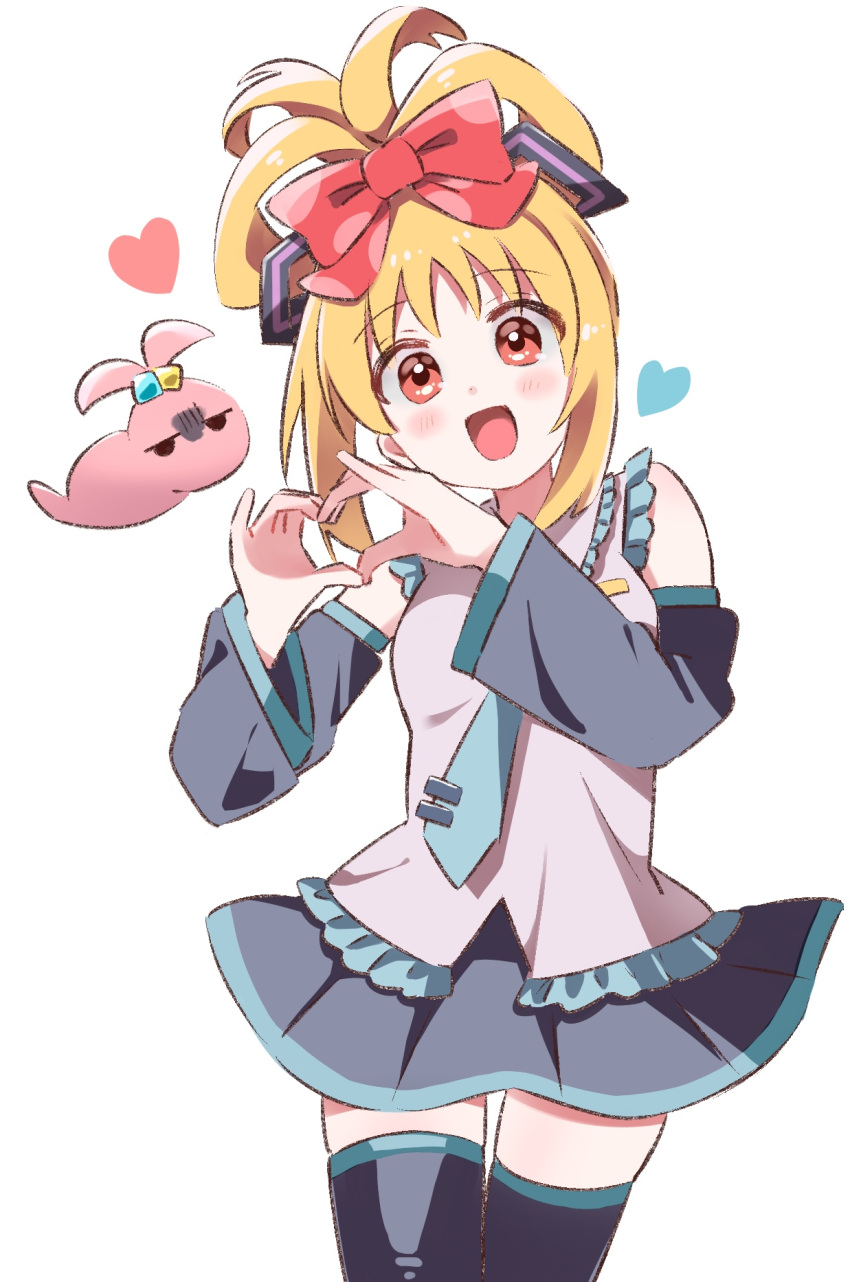 1girl, :d, aqua_necktie, black_sleeves, black_thighhighs, blonde_hair, blush, bocchi_the_rock!