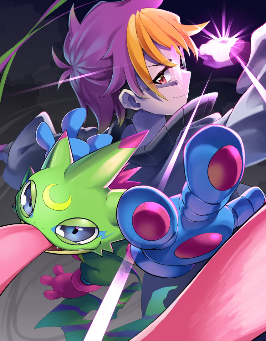 1boy, absurdres, blonde_hair, blue_gloves, blue_hair, commentary_request, crescent, digimon