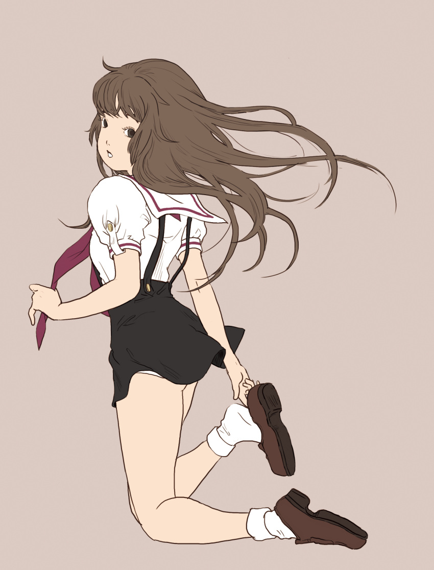 1girl, ankle_socks, bad_id, brown_hair, eko-des-co, footwear, highres, kneeling, long_hair, looking_back, original, school_uniform, shoes, simple_background, socks, solo, white_socks