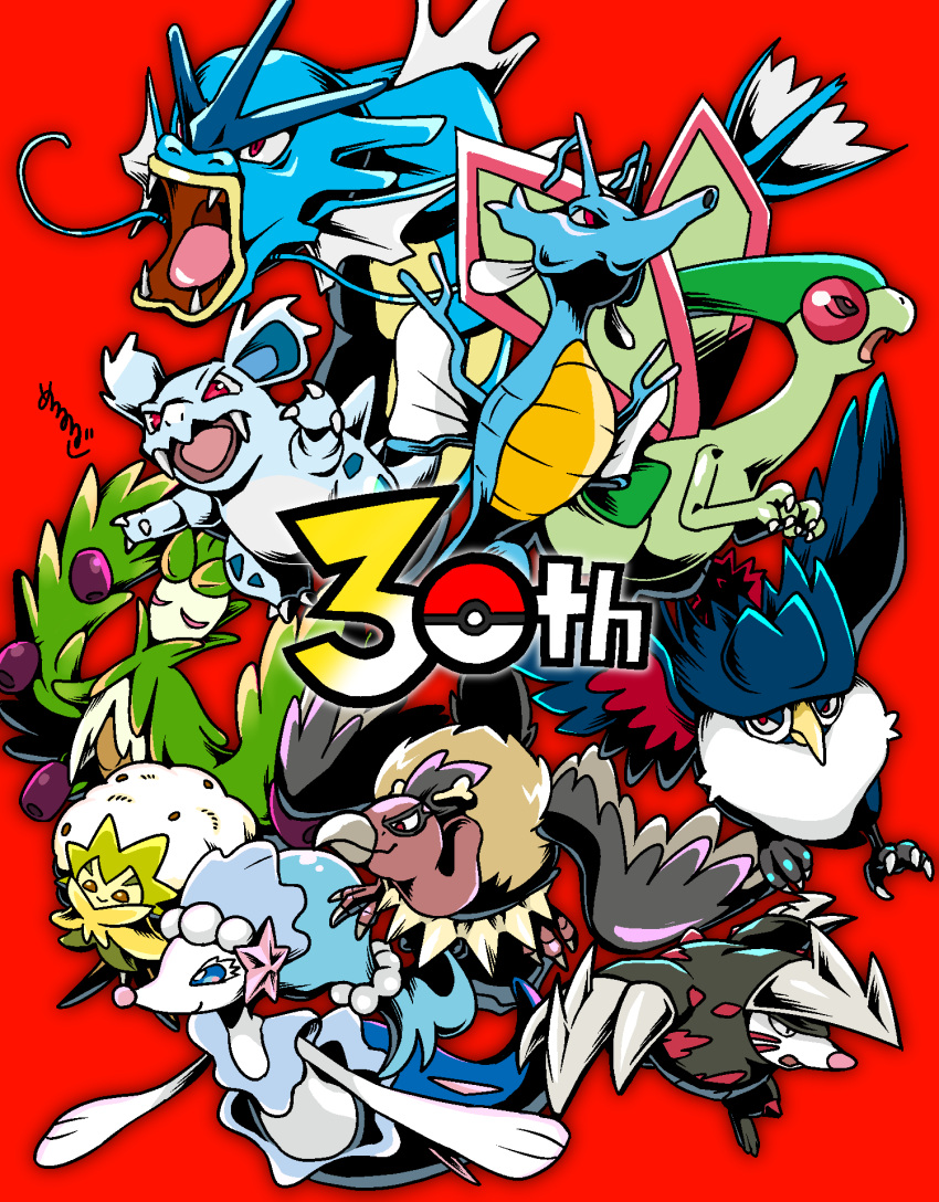 anniversary, arboliva, beak, bird, bone, bug, claws, closed_eyes, commentary_request, cotton_ball, crow, dragon, dragonfly, eldegoss, everyone, excadrill, fangs, flygon, gyarados, hair_tie, highres, honchkrow, kingdra, mandibuzz, meruru_gu, mole, nidorina, no_humans, olive, pokemon, prismarina, red_background, red_eyes, sea_dragon, seal_(animal), signature, vulture, whiskers, wings