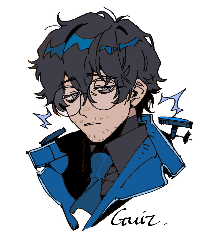 1boy, aedd_(e.g.o), artist_name, bags_under_eyes, black_hair, black_shirt, blue_coat, blue_eyes