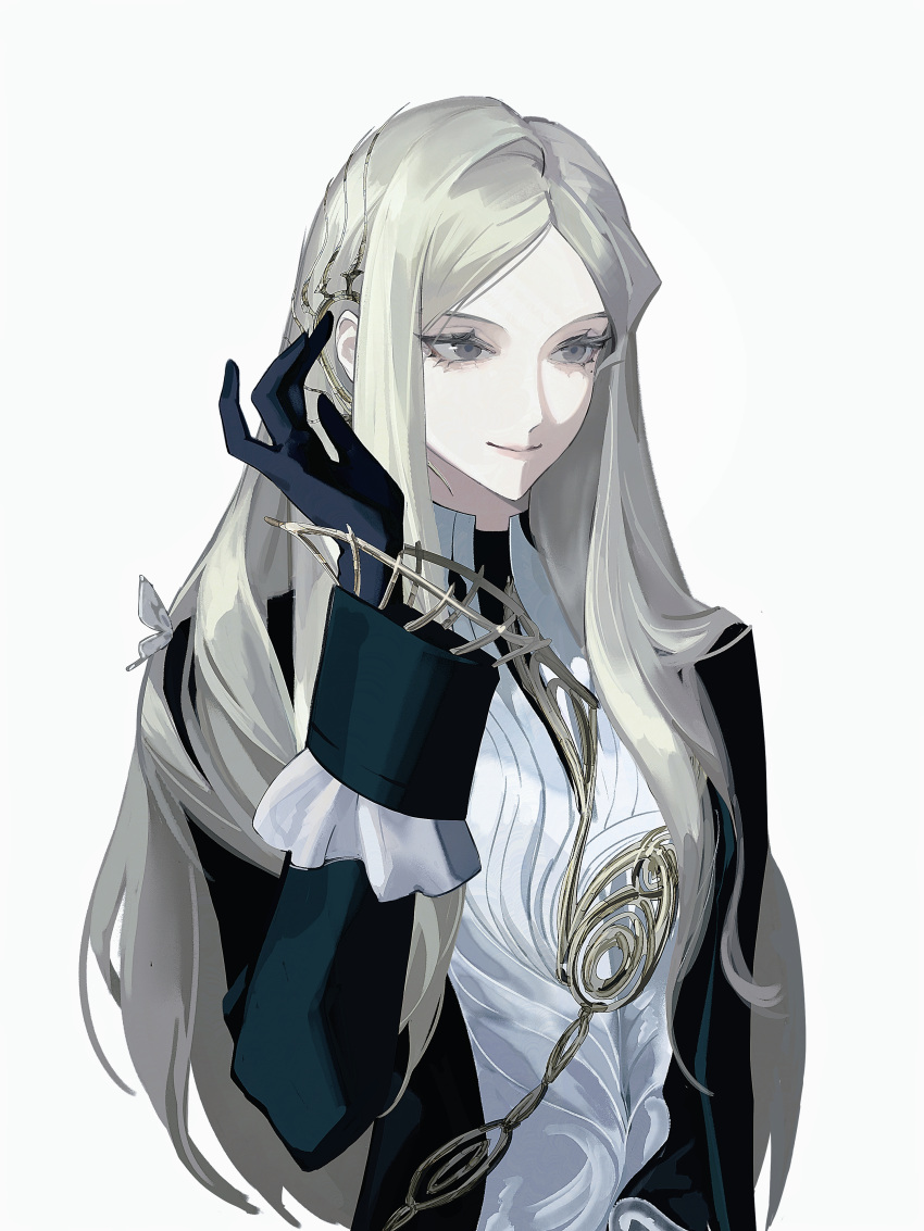 1girl, absurdres, black_dress, black_gloves, chinese_commentary, commentary_request, dress, gloves, grey_eyes, grey_hair, hand_up, highres, long_hair, long_sleeves, looking_ahead, lorentz_butterfly, mole, mole_under_eye, nanshan_dawang, reverse:1999, smile, solo, upper_body, white_background