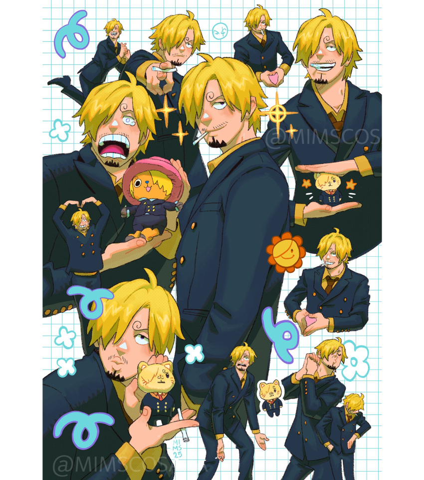 1boy, black_suit, cigarette, commentary, facial_hair, goatee, hair_over_one_eye, hand_in_pocket