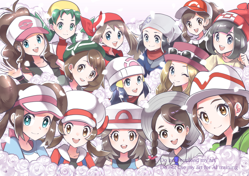 6+girls, akari_(pokemon), bandana, baseball_cap, beanie, black_hair, black_shirt, black_vest, blonde_hair, blue_eyes, blue_hair, blue_overalls, blue_shirt, blush, bow, brown_eyes, brown_hair, cardigan, closed_mouth, collarbone, commentary_request, donut_hair_bun, double_bun, elaine_(pokemon), eyewear_on_headwear, galaxy_expedition_team_survey_corps_uniform, gloria_(pokemon), green_hat, grey_cardigan, grey_eyes, hair_bun, hair_ornament, hairclip, hat, hat_bow, headscarf, high_ponytail, hikari_(pokemon), hilda_(pokemon), jacket, juliana_(pokemon), kris_(pokemon), leaf_(pokemon), long_hair, looking_at_viewer, lyra_(pokemon), may_(pokemon), morisawa_machi, multiple_girls, one_eye_closed, open_clothes, open_mouth, open_vest, overalls, pink_hat, pokemon, pokemon_bw, pokemon_bw2, pokemon_dppt, pokemon_frlg, pokemon_gsc, pokemon_hgss, pokemon_legends:_arceus, pokemon_lgpe, pokemon_rse, pokemon_sm, pokemon_swsh, pokemon_xy, ponytail, raglan_sleeves, red_bandana, red_hat, red_scarf, red_shirt, ribbon, rosa_(pokemon), scarf, selene_(pokemon), serena_(pokemon), shirt, short_hair, short_sleeves, sidelocks, smile, teeth, twintails, vest, visor_cap, white-framed_eyewear, white_hat, white_headscarf, white_shirt, wristband, yellow_hat, yellow_shirt