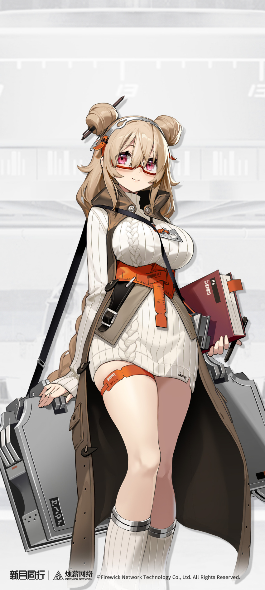 1girl, absurdres, aran_sweater, between_breasts, book, braid, breasts, brown_coat