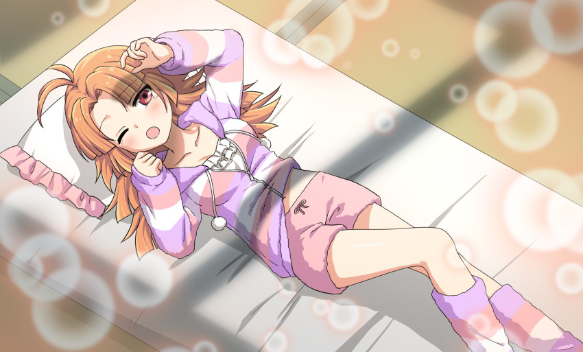 1girl, antenna_hair, artist_request, commentary_request, enma_ema, enmankaiketsu!_enma-chan, from_above, futon