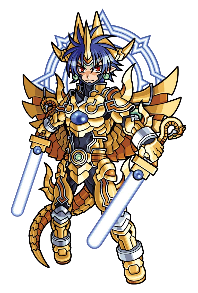 1boy, armor, armored_boots, black_bodysuit, blue_hair, bodysuit, boots, covered_navel, dual_wielding, earrings, energy_ring, facial_mark, forehead_mark, gold_armor, gold_gloves, gold_horns, gold_tail, harakawa_mitsuhiro, holding, holding_sword, holding_weapon, horns, jewelry, low_wings, multiple_horns, official_art, pointy_ears, red_eyes, ryuuga_(shinrabanshou), shinrabanshou, short_hair, solo, sword, third-party_source, transparent_background, weapon, wings