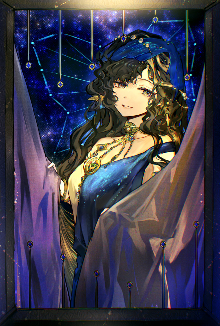1girl, bare_shoulders, black_border, black_hair, blue_background, blue_dress, blue_veil, border