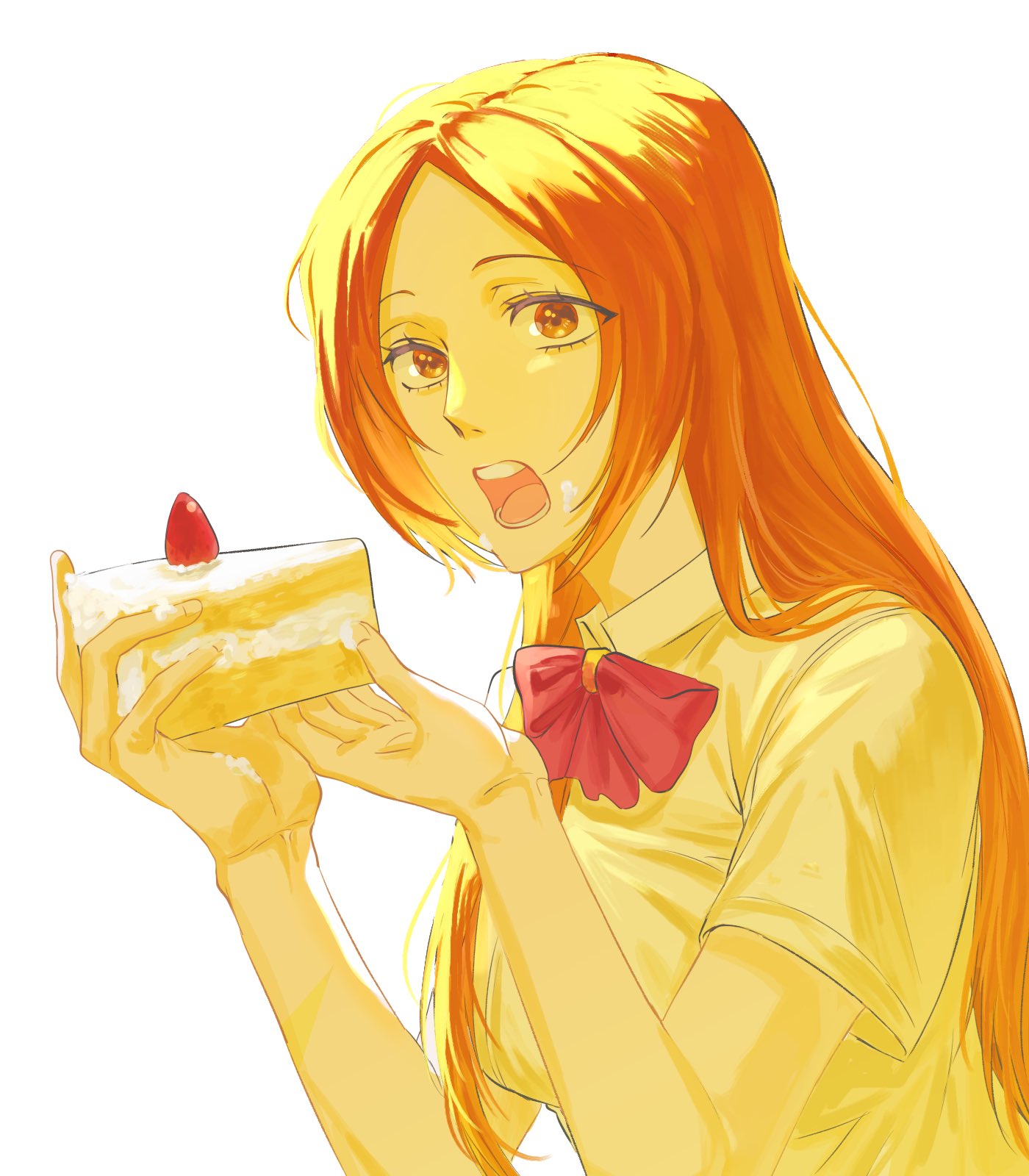 1girl, bleach, bow, bowtie, breasts, brown_eyes, cake, cake_slice