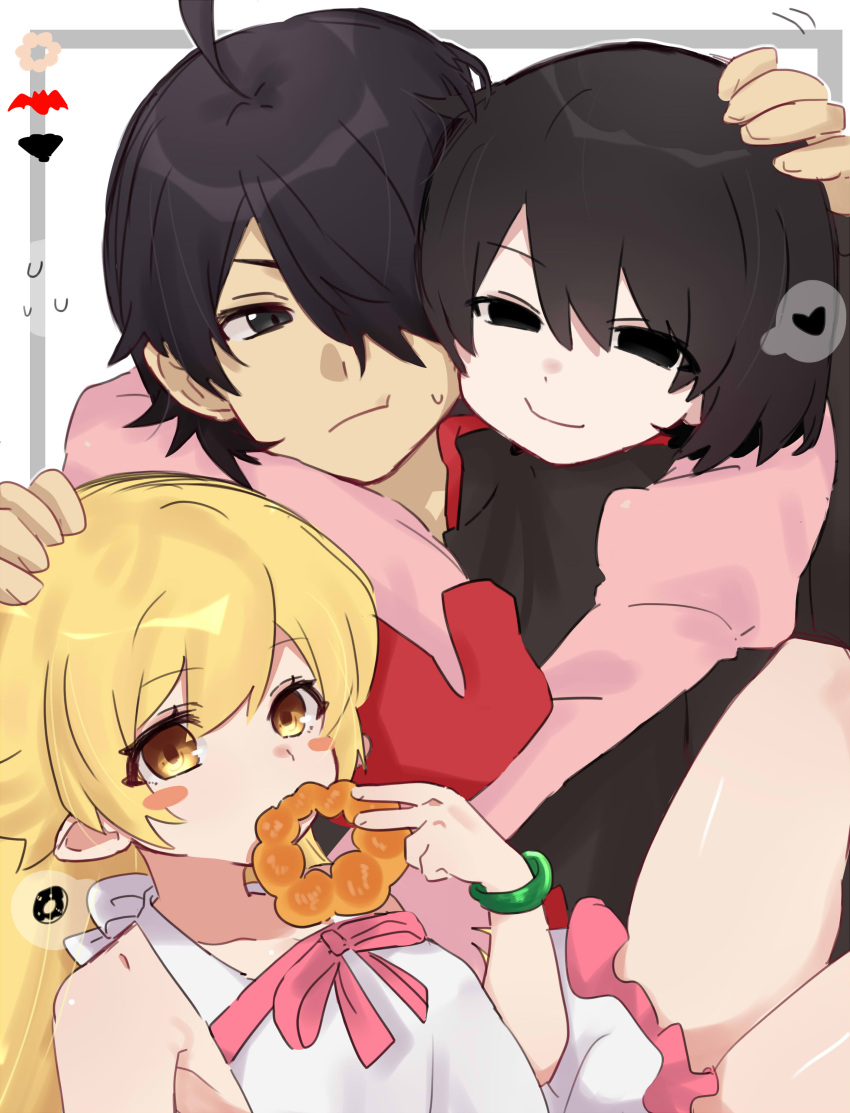 1boy, 2girls, absurdres, ahoge, araragi_koyomi, arm_around_neck, armet, bare_shoulders