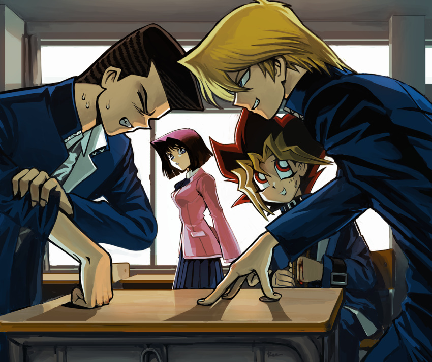 1girl, 3boys, blonde_hair, blunt_ends, bob_cut, breasts, brown_hair, closed_eyes