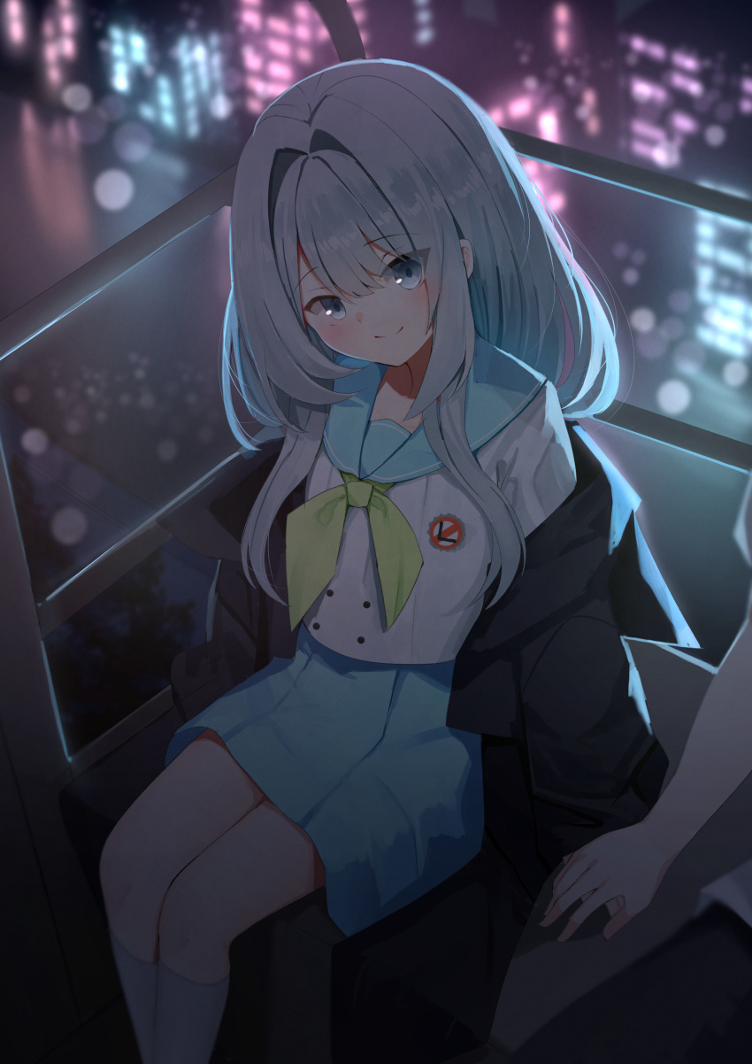 1girl, 1other, absurdres, backlighting, blue_eyes, blue_sailor_collar, blue_skirt, blurry