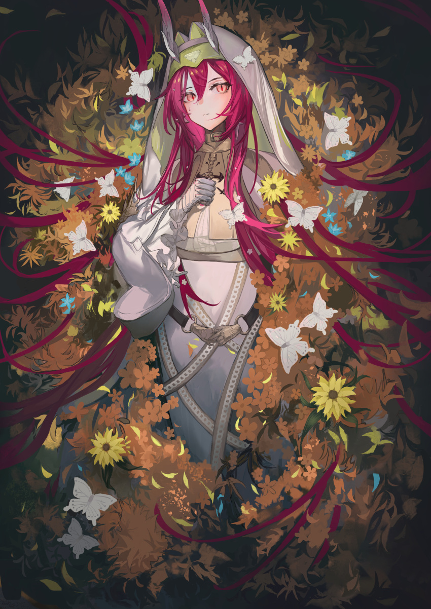 1girl, absurdres, arknights, armor, ascalon_(arknights), ascalon_(phototaxis)_(arknights), blue_flower, bug