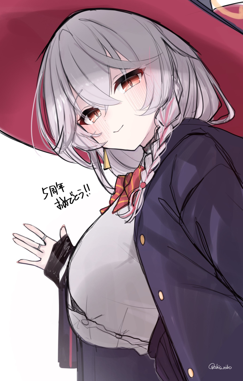 1girl, absurdres, black_jacket, blue_archive, blush, bow, bowtie, braid