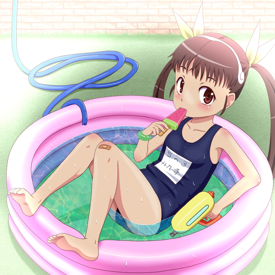 bandaid, barefoot, brown_eyes, brown_hair, feet, flat_chest, hachikuji_mayoi, hairband
