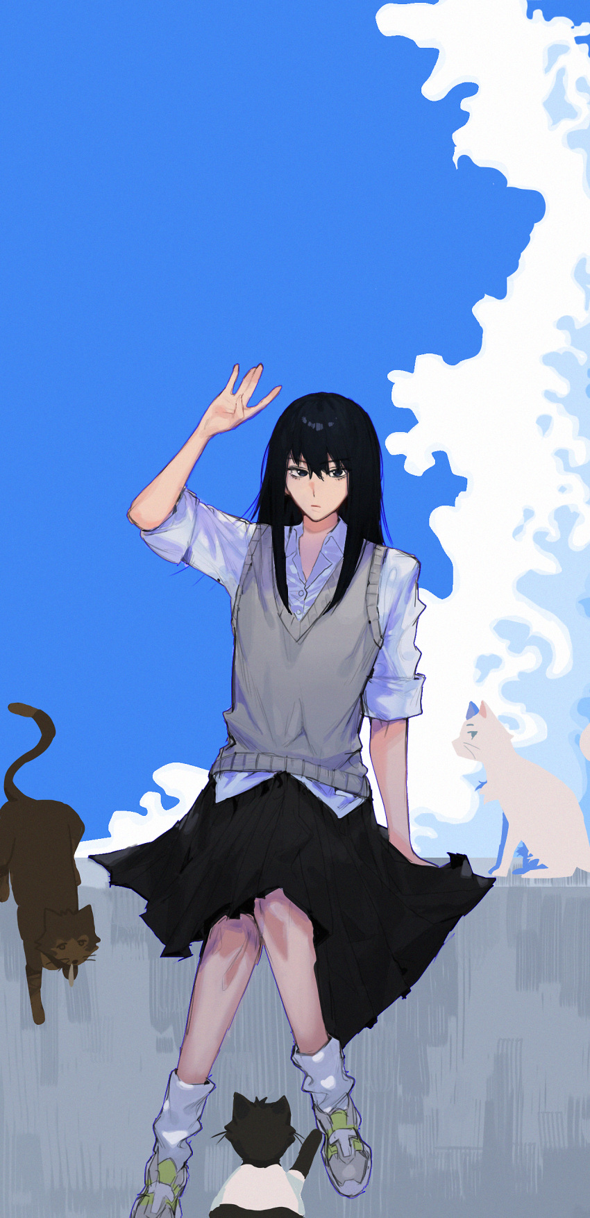 1girl, absurdres, arm_up, black_cat, black_hair, black_skirt, blue_eyes, blue_sky, brown_cat, cat, clouds, collared_shirt, commentary, expressionless, full_body, gen_(sonny_boy), grey_sweater_vest, hair_between_eyes, highres, leg_warmers, long_hair, looking_at_viewer, mizuho_(sonny_boy), multiple_cats, outdoors, partially_unbuttoned, raliel_(r_a_l_i_e_l), sakura_(sonny_boy), shirt, shoes, sidelocks, sitting, skirt, sky, sleeves_rolled_up, sneakers, solo, sonny_boy, sweater_vest, tora_(sonny_boy), white_cat, white_leg_warmers