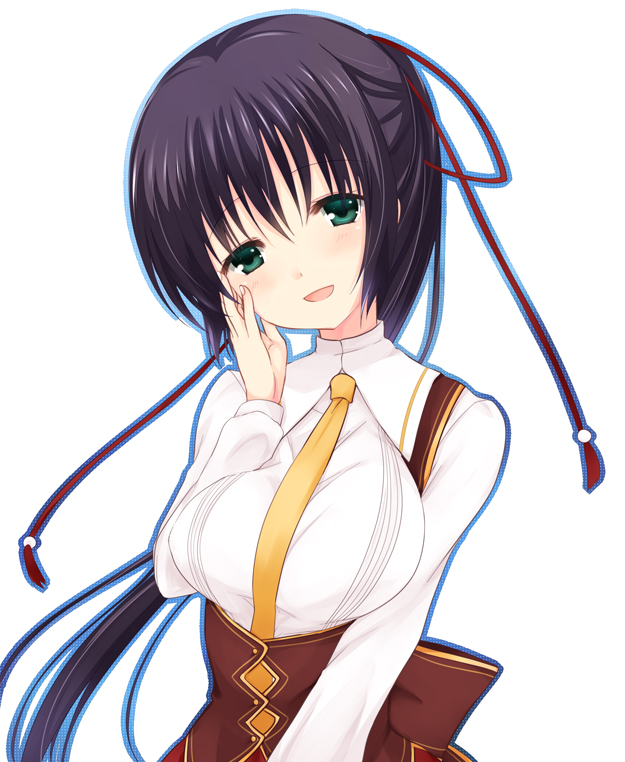 1girl, :d, amagiri_yune, amairo_islenauts, black_hair, blue_border, blush, border