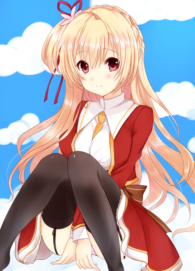1girl, amairo_islenauts, back_bow, between_breasts, between_legs, black_thighhighs, blonde_hair, blue_background