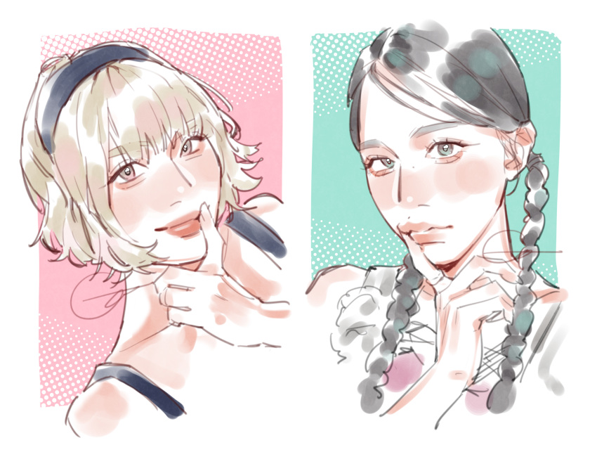 2girls, asian, black_camisole, black_hairband, blonde_hair, braid, camisole, collarbone, finger_to_mouth, hairband, highres, k-pop, looking_at_viewer, mina_(twice), mole, mole_above_mouth, mole_on_nose, momo_(twice), multiple_girls, ochie, pink_shirt, portrait, real-life, real_life, realistic, red_lips, shirt, short_hair, signature, smile, twice_(group), twin_braids