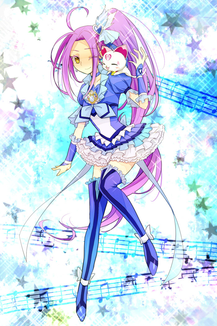 ahoge, blue_legwear, boots, brooch, cat, choker, colored_eyelashes, cure_beat, dress, frills, hagihara_riku, hair_ornament, hair_ribbon, hairpin, heart, hummy_(suite_precure), jewelry, kurokawa_ellen, long_hair, magical_girl, musical_note, precure, purple_hair, ribbon, side_ponytail, siren_(suite_precure), smile, staff_(music), star, suite_precure, thigh-highs, thigh_boots, thighhighs, wink, yellow_eyes