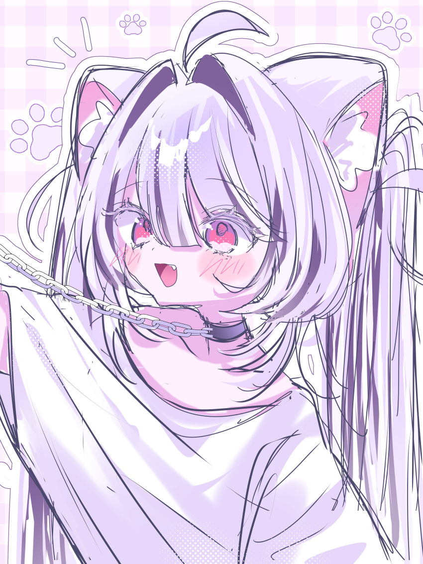 1girl, :d, absurdres, ahoge, animal_ear_fluff, animal_ears, ax94gn, black_collar, blush, cat_ears, cat_girl, chain, collar, collar_tug, commentary_request, detached_ahoge, hair_between_eyes, halftone, highres, original, outline, oversized_clothes, oversized_shirt, paw_print, plaid_background, ponytail, purple_hair, red_eyes, shirt, smile, surprised, white_outline, white_shirt