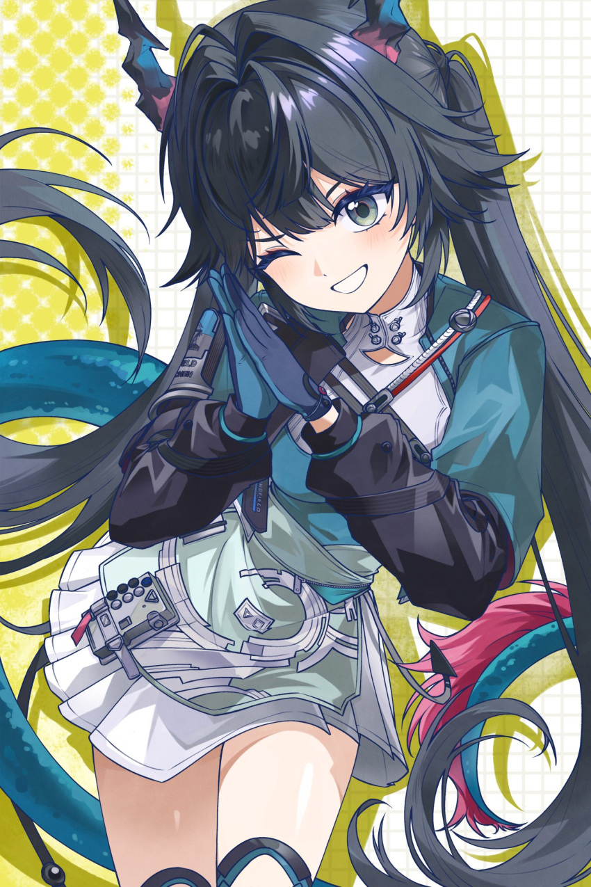 1girl, arknights, arknights:_endfield, black_gloves, black_hair, blue_gloves, chen_qianyu_(arknights), commentary, dragon_girl, dragon_horns, dragon_tail, gloves, green_eyes, hands_up, highres, horns, long_hair, long_sleeves, looking_at_viewer, mising_0033, multicolored_gloves, one_eye_closed, skirt, smile, solo, tail, twintails, two-sided_gloves, two-tone_gloves, very_long_hair, white_mouth, white_skirt