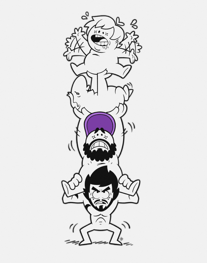 4boys, abs, beard, chris_o'neill, facial_hair, flying_sweatdrops, harrybuggz, hat, highres, human_stacking, joshua_tomar, lyle_burruss, multiple_boys, oneyplays, purple_hat, simple_background, zach_hadel