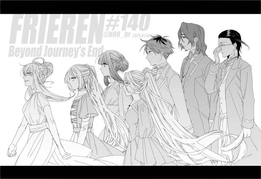 3boys, 4girls, absurdres, adjusting_eyewear, alternate_costume, alternate_hairstyle, aqua_eyes, boo_br
