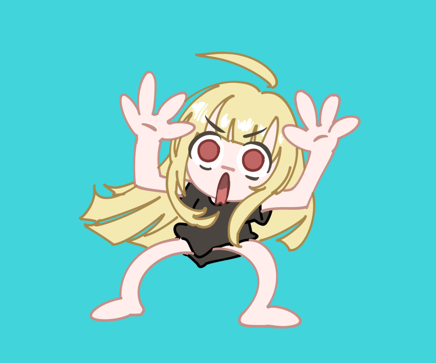 1girl, absurdres, ahoge, barefoot, black_shirt, blonde_hair, blue_background, blunt_bangs, cho_kaguya-hime!, cho_theg_(style), commentary, detached_ahoge, english_commentary, fewer_digits, frown, full_body, highres, kaguya_(cho_kaguya-hime!), long_hair, long_shirt, long_sidelocks, meme, open_mouth, parody, paypal_me_x_(meme), red_eyes, shirt, short_sleeves, sidelocks, simple_background, solo, style_parody, t-shirt, very_long_hair, xiaoju_xiaojie